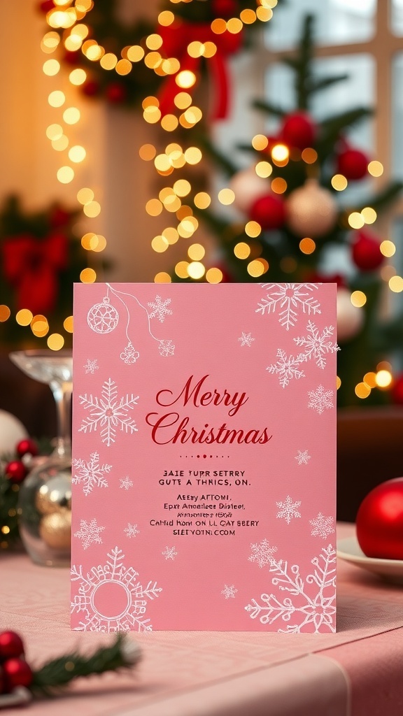 Elegant pink Christmas invitation with snowflakes and ornaments on a festive table.